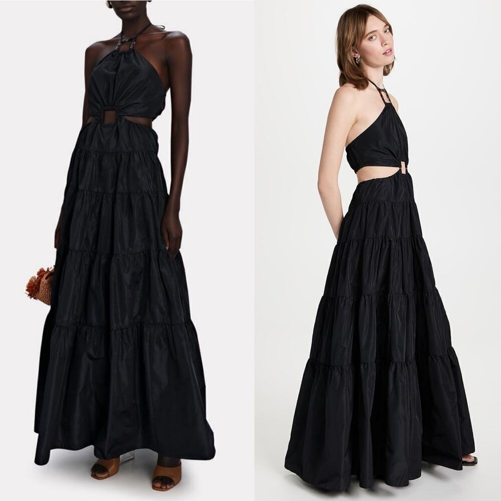 Staud Dome Halter Neck Cut Out Maxi Dress Tiered Skirt Black Size Medium